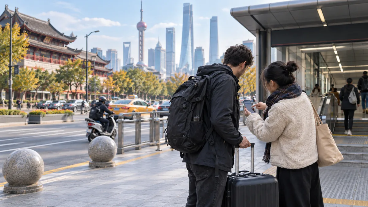 Illustrative local assistance scene: a traveler with luggage speaking with a person on a city street in China.