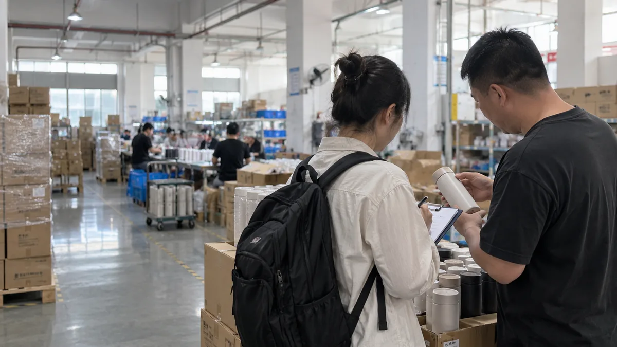 Illustrative sourcing visit: two people examining a sample bottle beside boxes in a factory workspace.